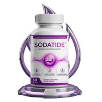 Sodatide supplement bottle on a display stand